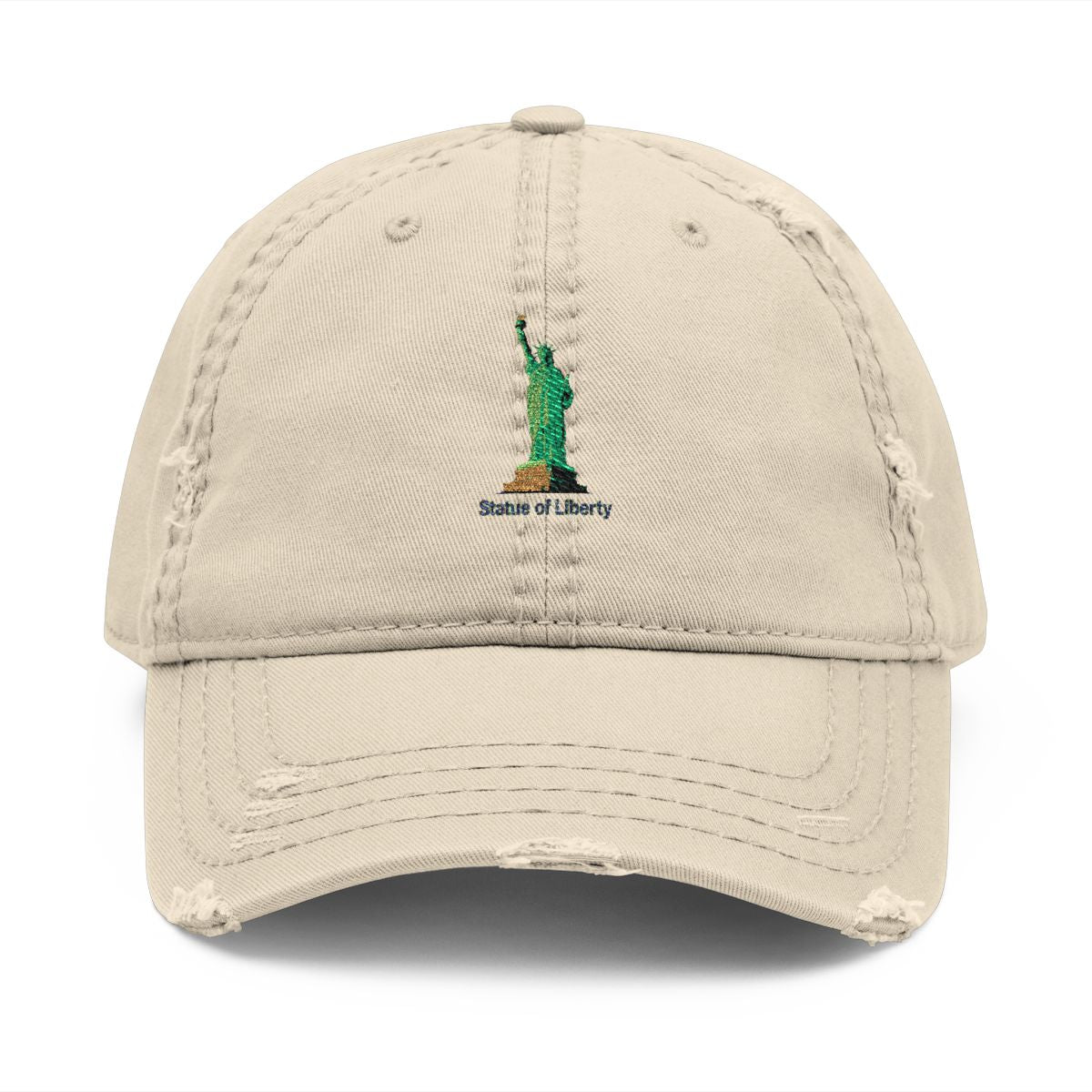 Distressed Beige Cap with Statue of Liberty Embroidery