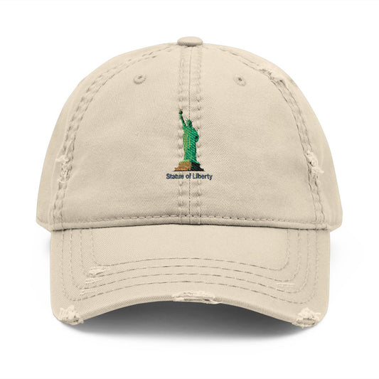 Distressed Beige Cap with Statue of Liberty Embroidery