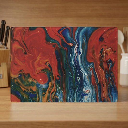 Red, blue, and green abstract marbled cutting board.