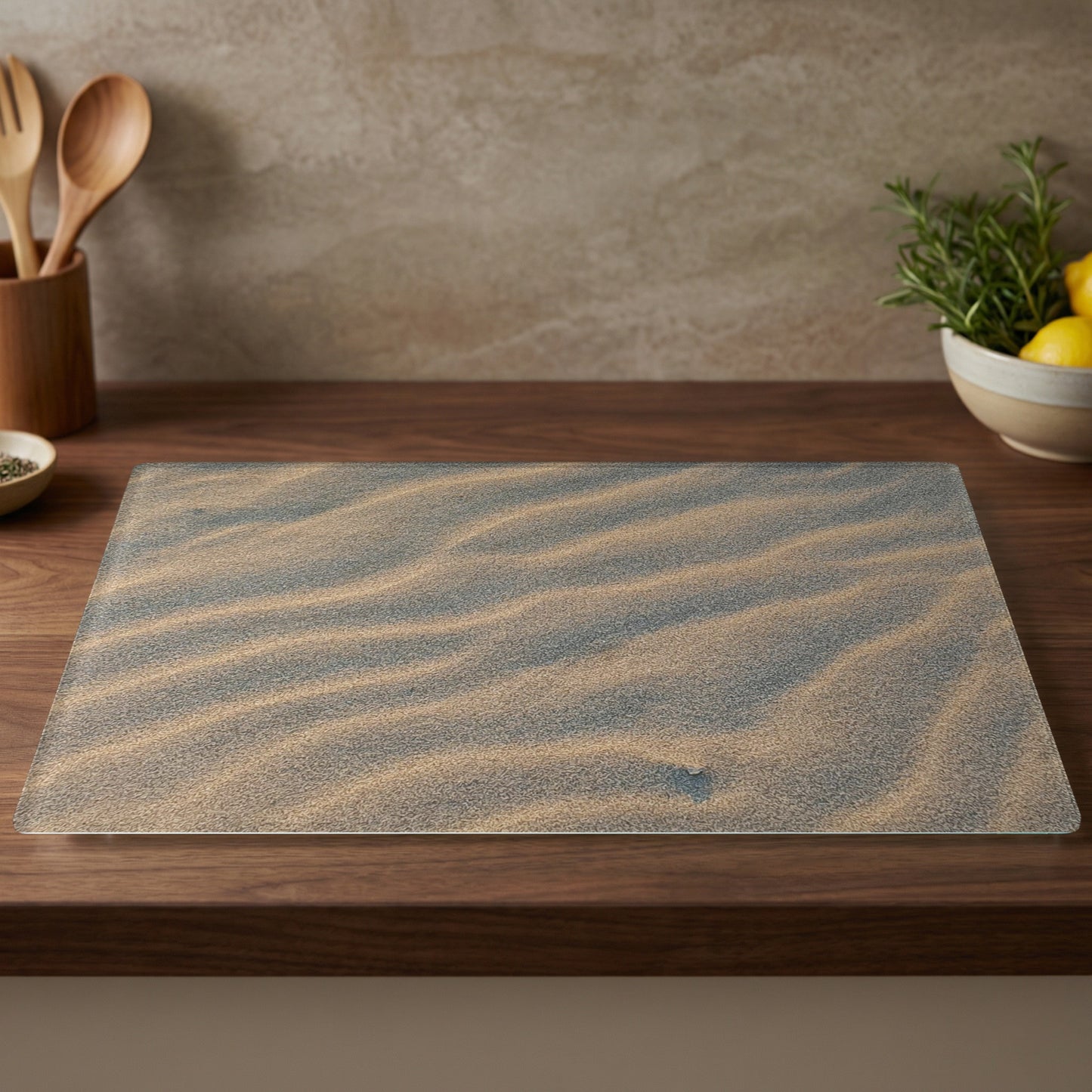 Cutting board with a sandy beach wave pattern.