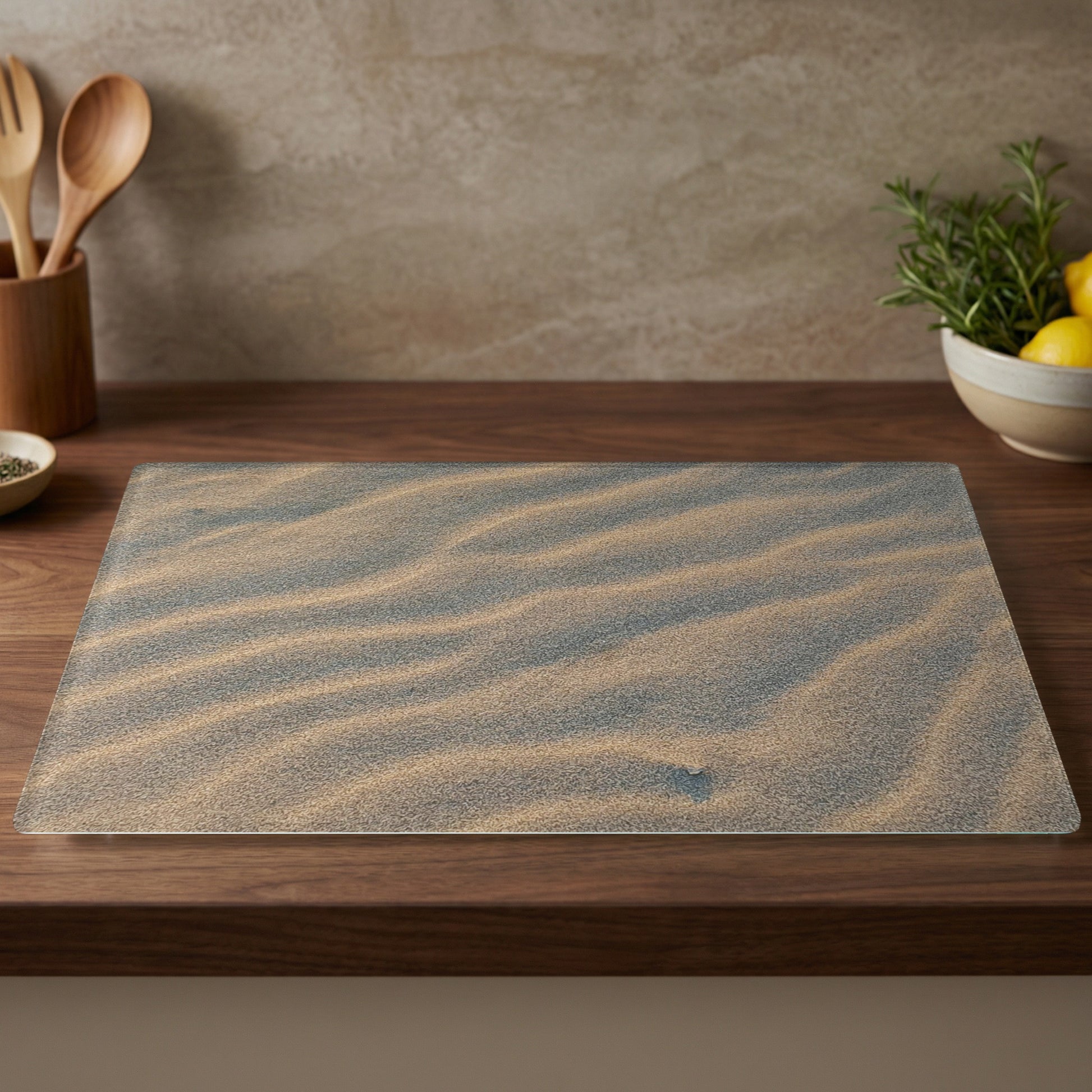 Cutting board with a sandy beach wave pattern.