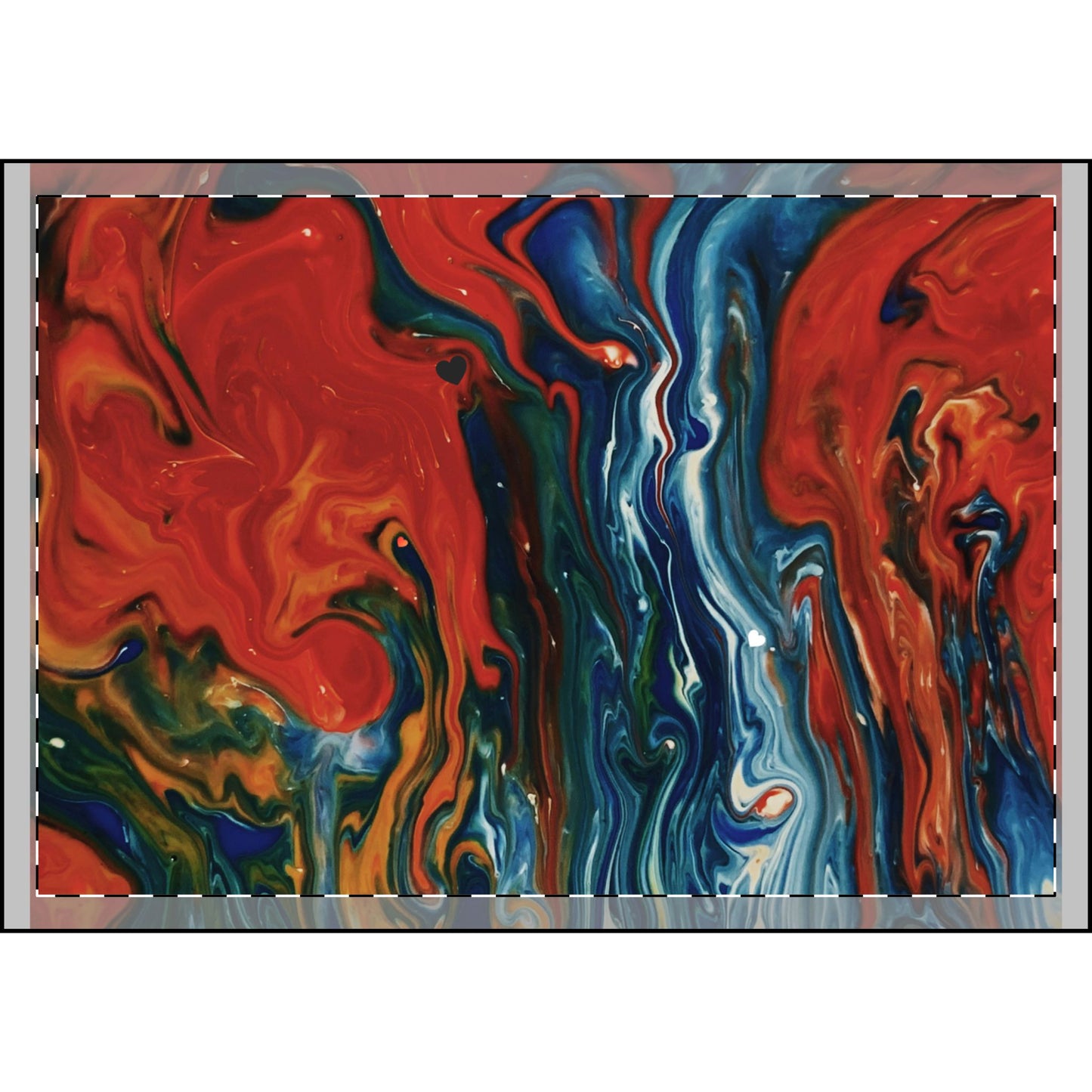 Abstract red, blue, and green marbled paint swirls with a white streak.
