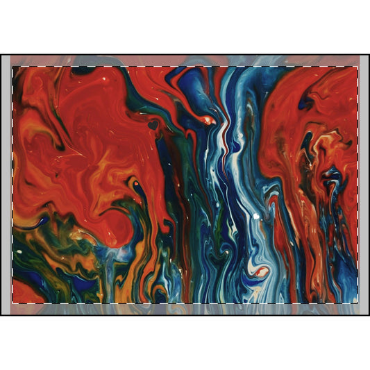 Abstract red, blue, and green marbled paint swirls with a white streak.